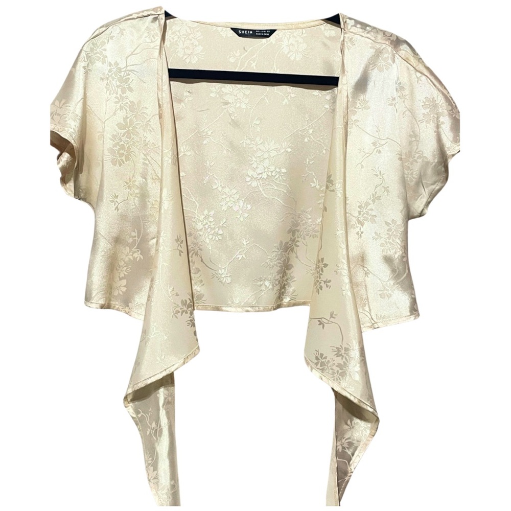 Satin Wrap Crop Top Cream Floral Jacquard Cap Sleeves - Picture 2 of 10